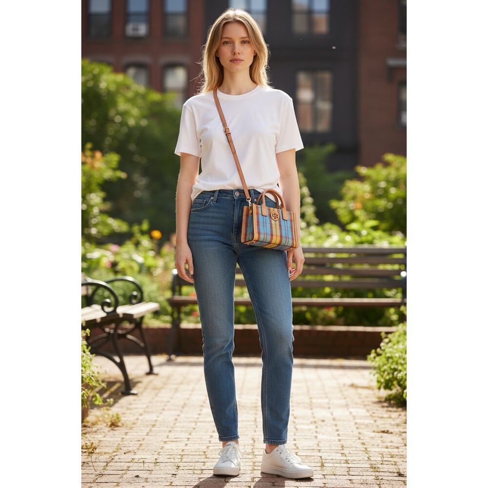 Tory Burch Ella Mini Plaid Top Handle Crossbody Tote Bag Multicolor Leather Trim - Picture 2 of 16